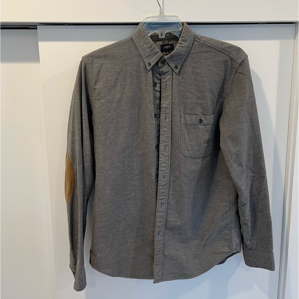 Men’s medium J Crew button-up, thick wool-like feel, grey with brown elbow pads